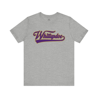 Whatupdoe Purple and Gold T-Shirt on Purple, White, Heather and Green