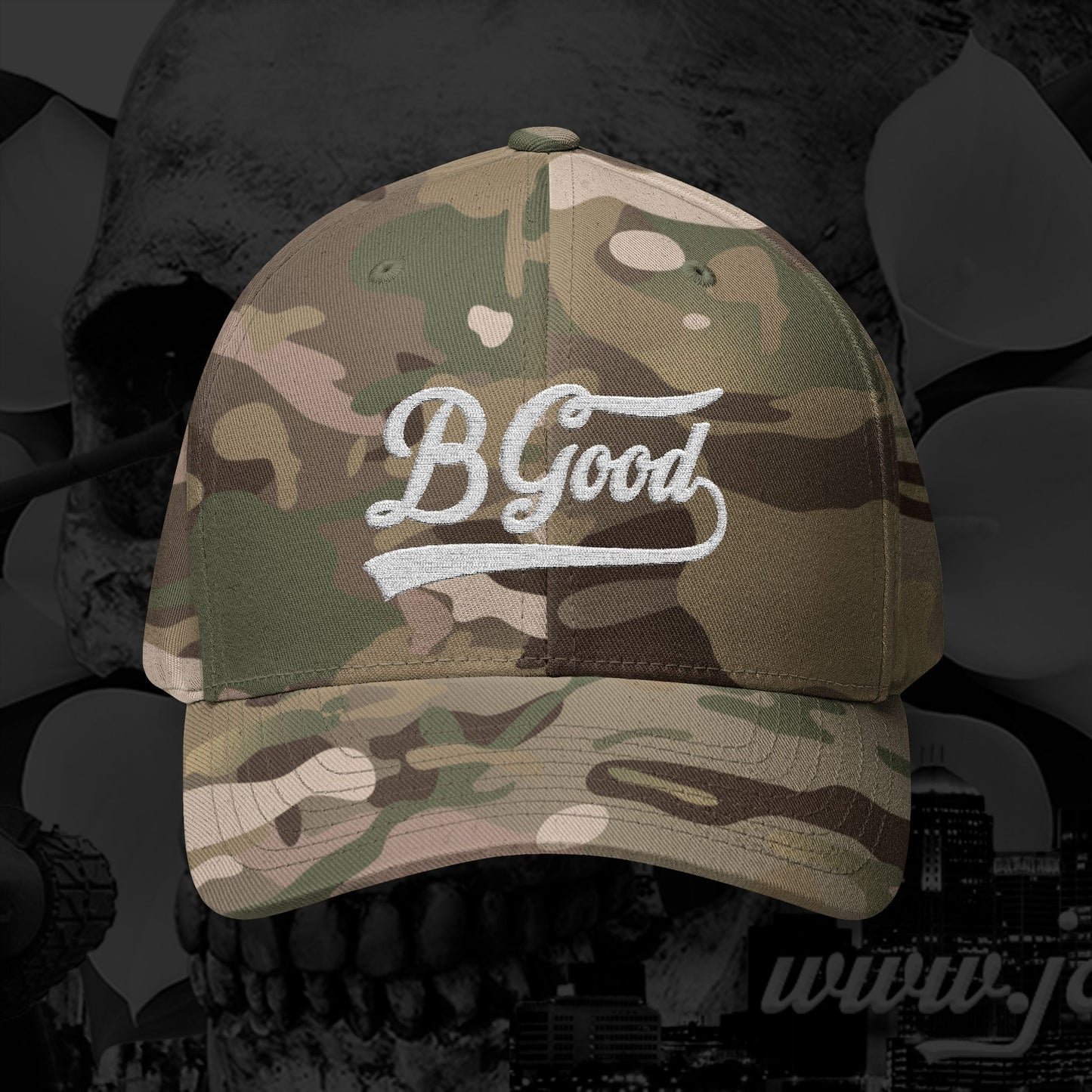 B Good Script  Embroidered Fitted Baseball Cap White Lettering