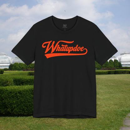 Men's Whatupdoe Orange Lettering T-Shirt in Navy and Black