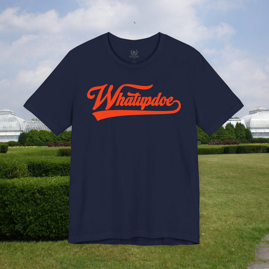 Men's Whatupdoe Orange Lettering T-Shirt in Navy and Black