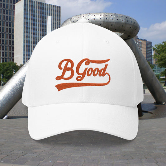 B. Good Fitted Embroidered Cap Orange Lettering