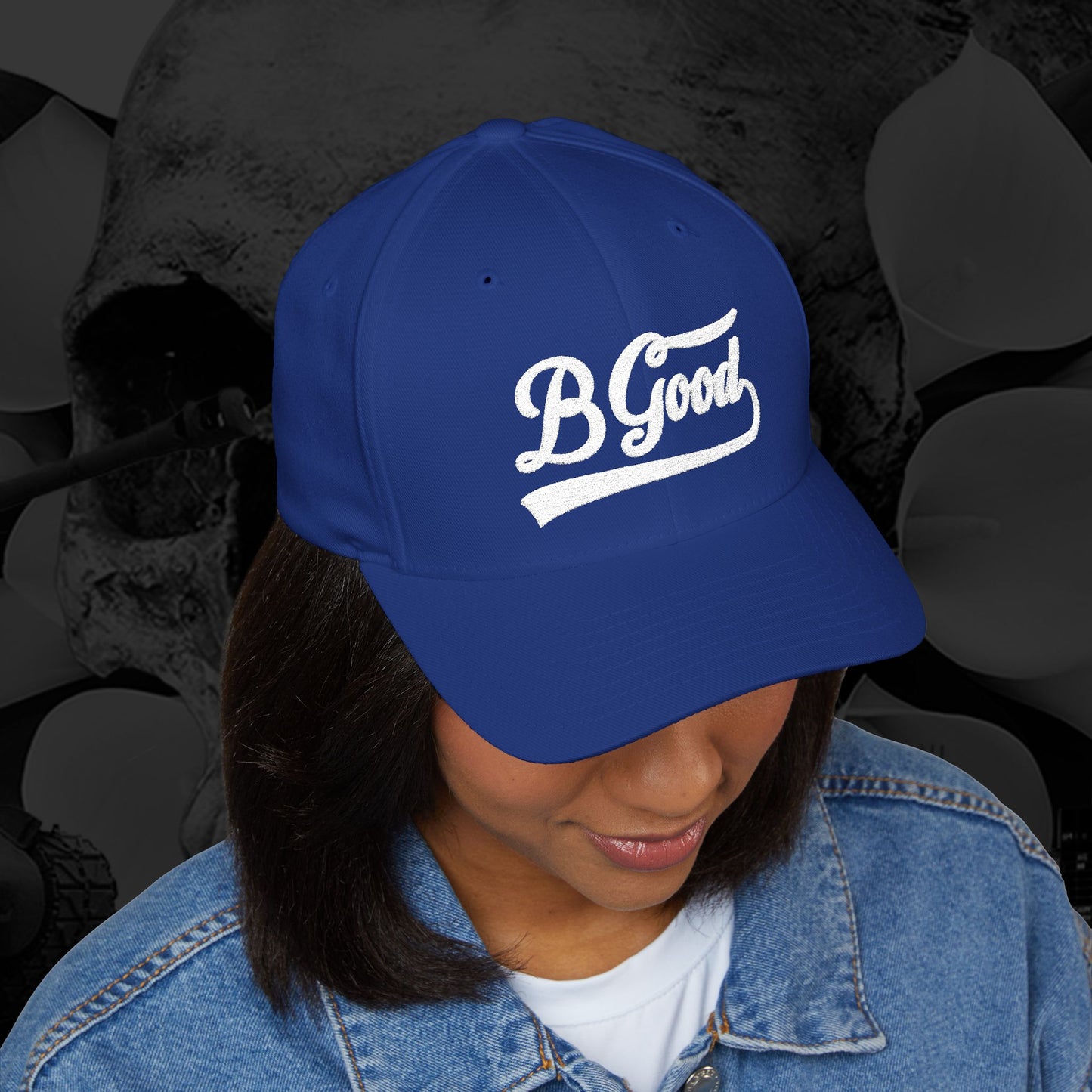 B Good Script  Embroidered Fitted Baseball Cap White Lettering