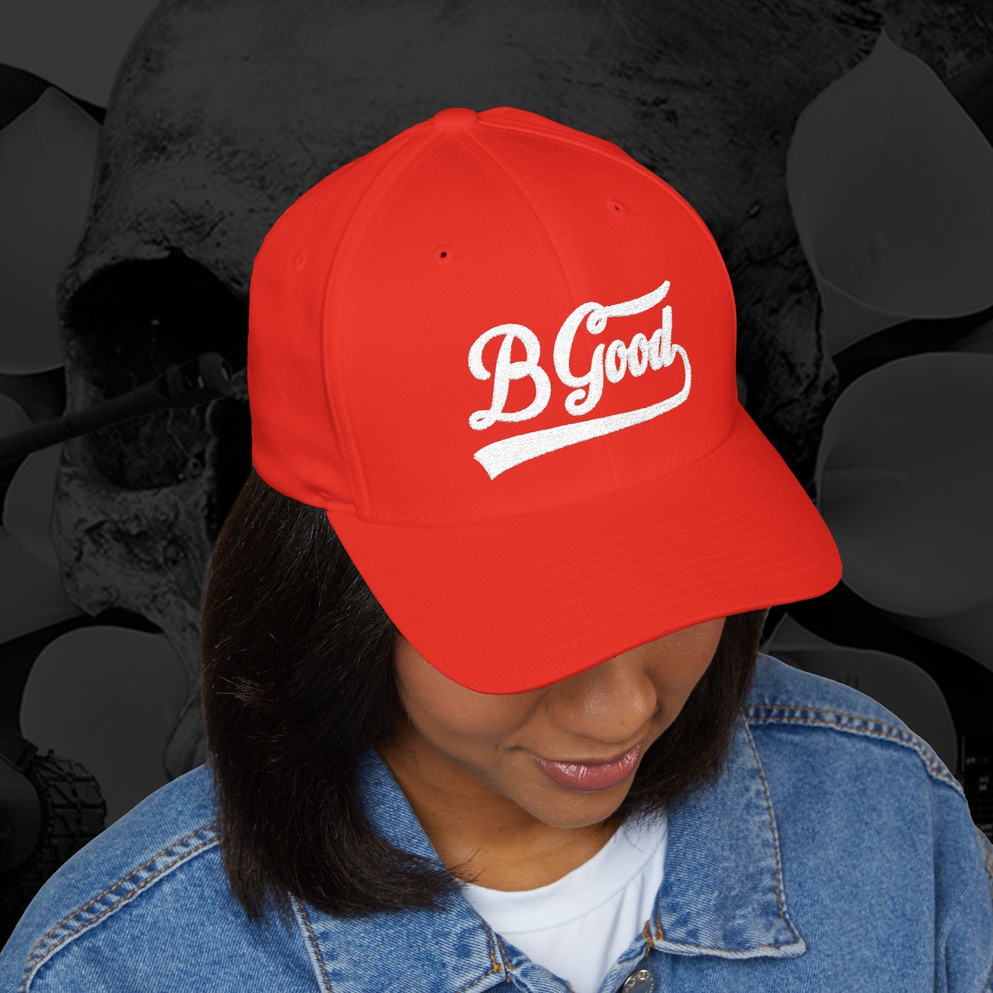 B Good Script  Embroidered Fitted Baseball Cap White Lettering