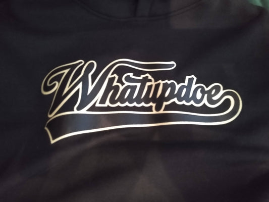 Black hoodie with 'Whatupdoe' logo in black and gold. Simulated two layer stitching to look like embroidery, using Stahl's Sim Stitch twill heat transfers.