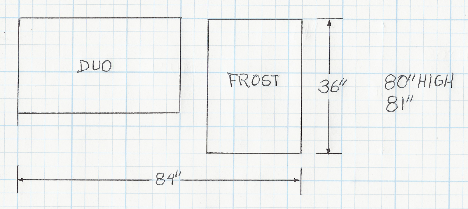 Hand-drawn dimensions of a product labeled 'DUO' and 'FROST' on graph paper.