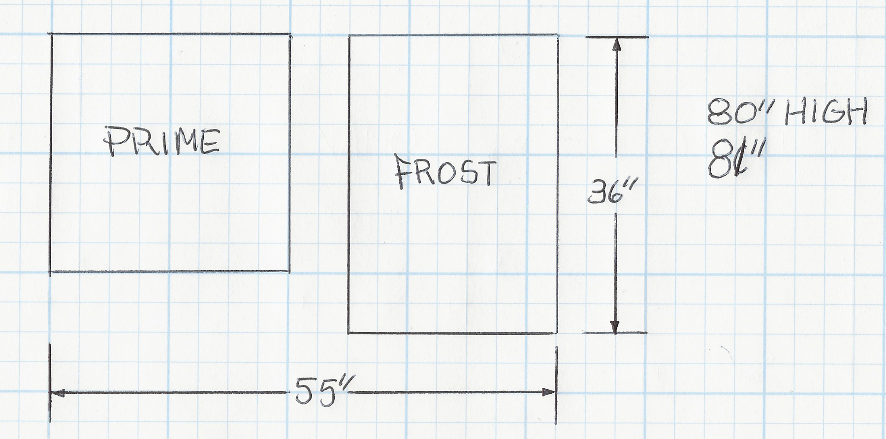 Hand-drawn floor plan with dimensions on graph paper