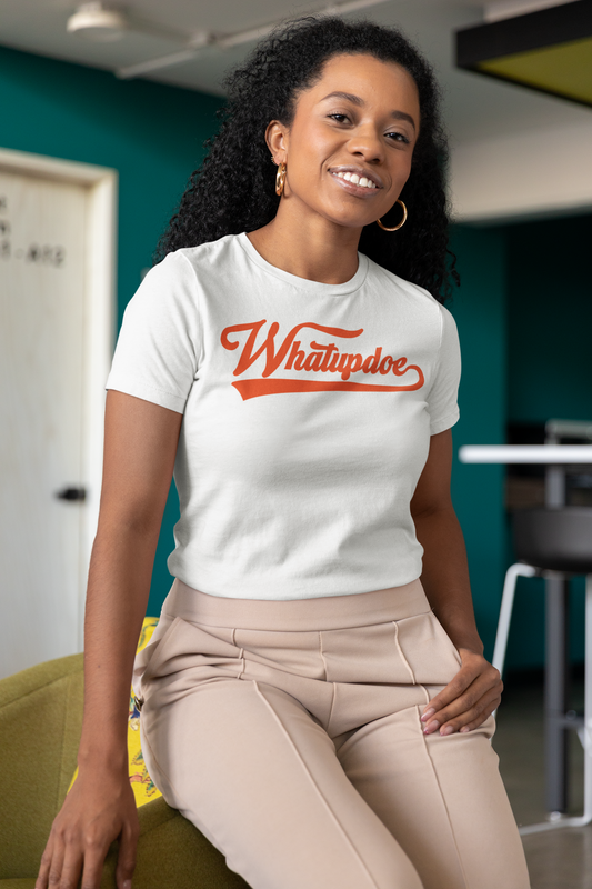 Women's Whatupdoe Orange Lettering  T-Shirt in Navy, Black, and White