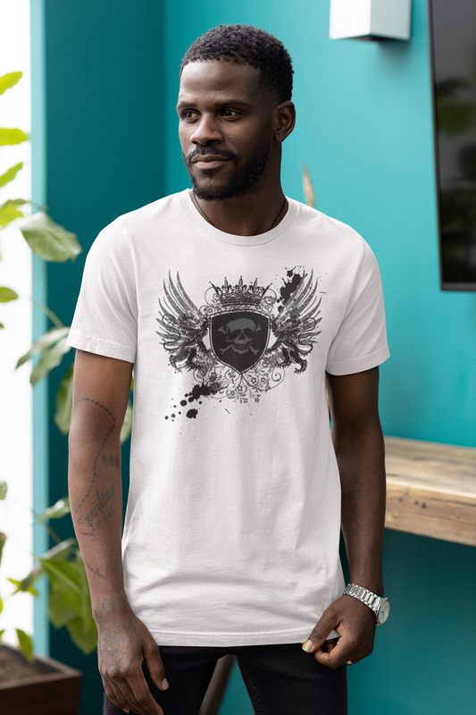 Men's B. Good Winged Skull Shield on White: Stay Out of Trouble
