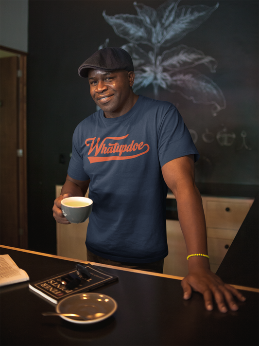 Men's Whatupdoe Orange Lettering T-Shirt in Navy and Black