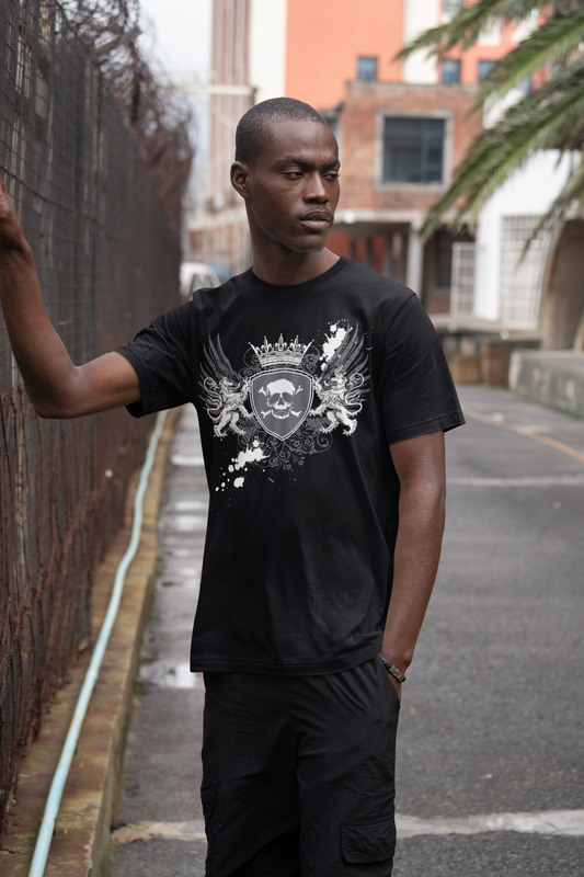 Men's B. Good Winged Skull Shield on Black: Stay Out of Trouble